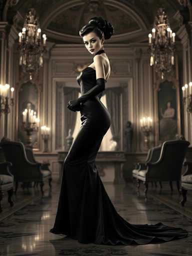 A woman stands elegantly in a grand room with high ceilings and ornate chandeliers. She wears a long black dress that falls to her knees, and she holds a parasol in one hand while the other is tucked into her purse. The room features several chairs arranged around a table draped with a white tablecloth, creating an atmosphere of sophistication and refinement.