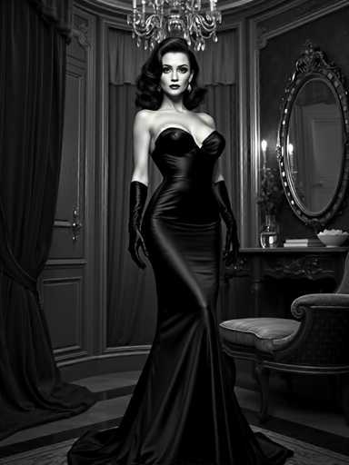 A captivating, monochromatic portrait showcases a glamorous android femme fatale in a vintage Hollywood style. Her curvaceous figure is accentuated by a sleek, black mermaid gown and Veronica Lake-inspired hairstyle. The scene unfolds in a lavish boudoir with velvet drapes, a crystal mirror, and dramatic shadows, creating a cinematic, hyper-realistic image.