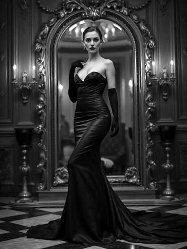 A woman is standing in front of a large mirror with her hands on her hips and wearing a long black dress that reaches down to the floor. The room has a high ceiling and ornate decorations, creating an elegant atmosphere.