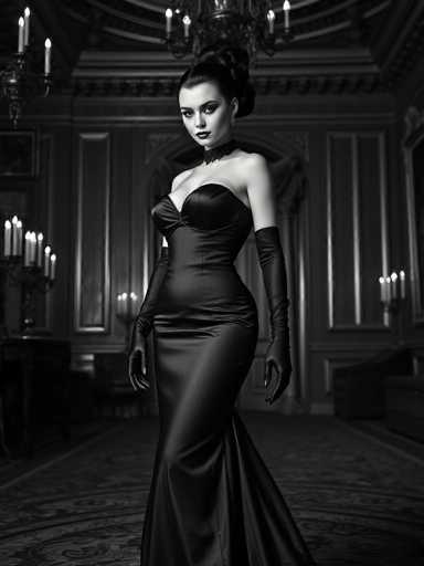A captivating android femme fatale commands attention in this black and white portrait. Her voluptuous form is accentuated by a sleek, vintage gown with a sweetheart neckline and flowing train, complemented by long satin gloves. The majestic palace setting, bathed in soft candlelight, creates a nostalgic and cinematic atmosphere with deep shadows and sharp focus.