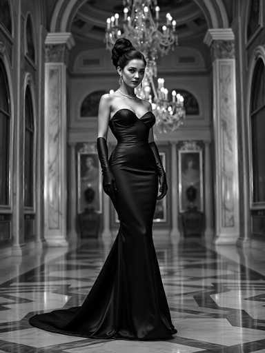 A woman is standing in an opulent room with a high ceiling and marble columns. She is wearing a long black dress that falls to her knees, and she has her hair styled in an elegant updo. The woman is positioned centrally in the image, drawing attention to herself as the main subject of the photograph.