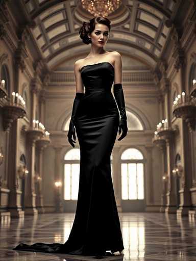 A captivating android femme fatale commands attention in a grand, opulent palace hall. Dressed in a sleek black gown and gloves, her hourglass figure is accentuated by the dramatic train. The vintage-inspired updo and sharp lighting evoke classic Hollywood elegance, creating a seductive, cinematic atmosphere.