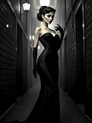 A captivating, monochromatic image showcases a 1950s femme fatale android in a sleek black gown, her hourglass figure emphasized by the bodycon silhouette. Her elegant updo and opera gloves add to the dramatic, film noir aesthetic of a dimly-lit alleyway. The high contrast and film grain evoke a nostalgic, cinematic atmosphere.
