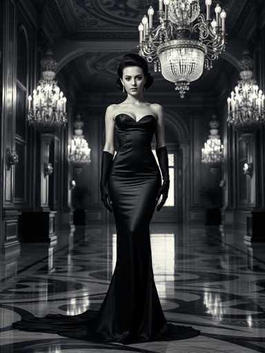 A woman stands confidently in an opulent room with a high ceiling and chandeliers. She is wearing a long black dress that falls elegantly down to her feet, paired with black gloves. The room features marble floors and walls adorned with intricate designs, creating an atmosphere of grandeur and luxury.