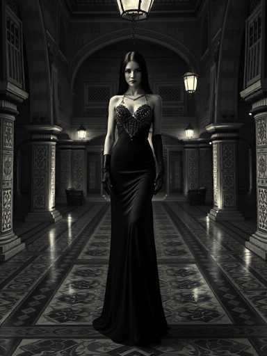 A captivating android siren, draped in a black gown with an ornate beaded top and satin gloves, stands in a dimly lit palace courtyard. The scene is a vintage black and white cinematic tableau, emphasizing the intricate Middle Eastern tilework and soft lantern light. The sharp focus highlights her alluring presence in this mystical, exotic setting.