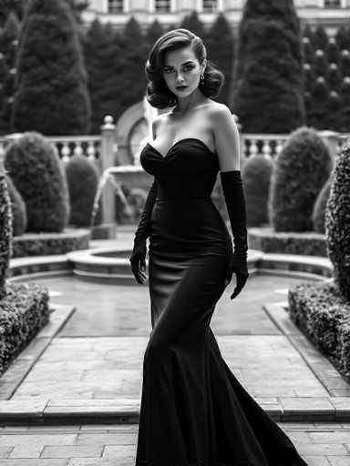 A woman is standing on a stone path in front of a fountain and gazebo, wearing a long black dress with a strapless neckline and high slit at the bottom. She has her hair styled in loose curls and is holding a parasol in one hand while the other hand is placed on her hip. The image is in black and white, giving it an old-fashioned feel.