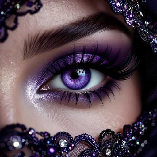 A close-up portrait showcases a captivating eye adorned with a rich purple eyeshadow, dramatic lashes, and a shimmering purple lace veil. The focus is on the eye's intense color and intricate details, with a soft, dreamy lighting emphasizing the overall luxurious and glamorous aesthetic.