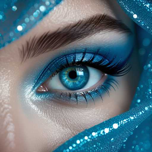 A close-up showcases a strikingly blue eye adorned with an elaborate, shimmering blue eyeshadow and dramatic lashes. The eye is framed by a sparkling blue fabric, creating a glamorous, close-up portrait with a focus on intricate detail and soft lighting. The art style is highly stylized, emphasizing beauty and elegance.