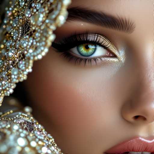 A close-up portrait showcases a woman's captivating eye, adorned with intricate gold and pearl detailing. The focus is on the eye, framed by a luxurious, ornate head covering with shimmering embellishments. Soft lighting highlights the delicate texture of her skin and the depth of her gaze, creating a glamorous, artistic aesthetic.