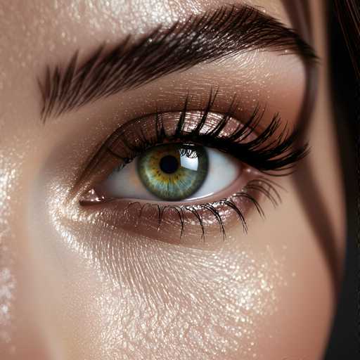 A close-up, hyperrealistic portrait focuses on a single eye with striking green irises and long, dark lashes. The image showcases a highly detailed, glossy texture, emphasizing light reflections on the skin and eye surface. The art style is photorealistic, capturing an intimate, almost ethereal beauty.