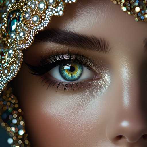 The image shows a close-up view of a person's face with their eye open and looking directly at the camera. The person is wearing a gold headpiece that has a large, intricate design on it. The background appears to be dark, which contrasts with the lighter features of the person's face.