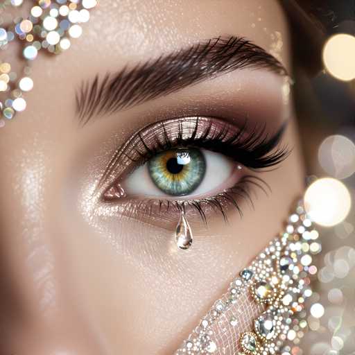 The image shows a close-up view of an eye with a tear streaming down its cheek. The eye is adorned with a shimmering gold and silver eye makeup that includes a large drop of water on the eyelid. The background features a blurred light blue color, likely representing the sky or ocean.