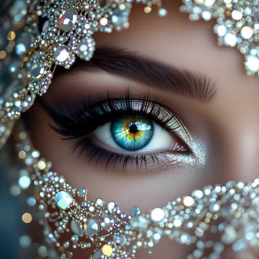A close-up, highly detailed portrait of a woman's eye, adorned with an elaborate, sparkling jeweled headdress. The focus is sharply on the eye, highlighting its vibrant blue color and the intricate details of the eyelashes. The headdress is a cascade of shimmering crystals, gemstones, and metallic accents, framing the eye in a dazzling halo. The lighting is soft and diffused, creating a dreamy, ethereal atmosphere. The overall composition emphasizes the captivating beauty of the eye and the luxurious detail of the jewelry.