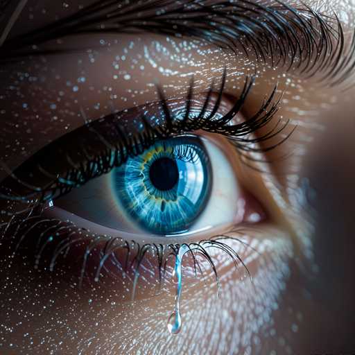 The image shows a close-up view of an eye with striking blue eyeshadow and long lashes. A small drop of water is present on the eyelid, adding a touch of realism to the scene. The background appears to be a dark color, possibly a shadow or a blurred area that contrasts with the bright colors in the foreground.