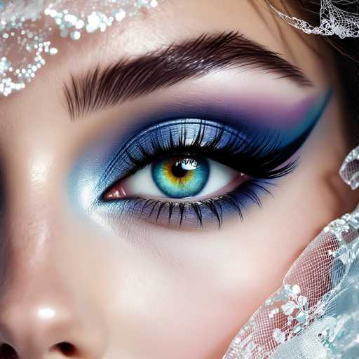 A close-up, high-angle studio portrait of a woman's eye with an elaborate makeup application. The focus is sharply on the eye, showcasing its vibrant color and intricate details. The eye is adorned with a dramatic eyeshadow palette featuring shades of blue, purple, and silver, creating a captivating blend. A bold winged eyeliner adds definition to the upper lash line, while long, voluminous false eyelashes enhance the eye's depth. The iris is a striking mix of blue and gold, with a subtle shimmer that catches the light. 

The makeup extends to the brow area, which is expertly shaped and filled with a soft, smoky shadow. The skin around the eye appears smooth and subtly highlighted, emphasizing its texture. A delicate lace veil frames the face, adding a touch of elegance and mystery to the overall composition. The lighting is soft and diffused, casting gentle highlights on the makeup and creating a dreamy atmosphere.