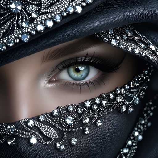 The image shows a close-up view of a person's face with their eyes partially covered by a black headscarf adorned with silver and white jewels. The background is blurred, drawing attention to the intricate details of the headscarf.