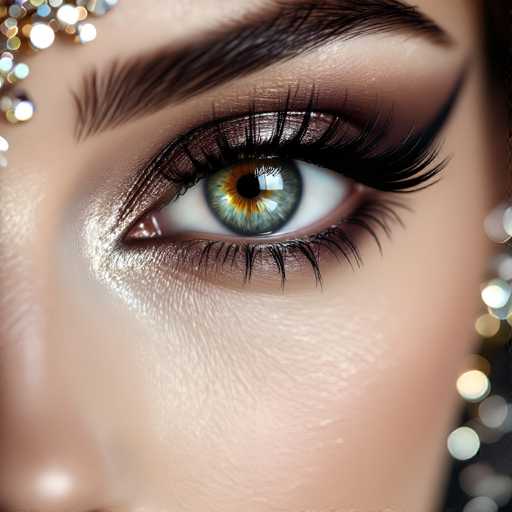A close-up portrait showcases a strikingly detailed eye, the focal point of an ornate, glamorous makeup look. The eye is intensely detailed with a shimmering eyeshadow, dramatic winged liner, and voluminous lashes, set against a soft, textured skin tone. The art style is highly realistic, emphasizing intricate light and shadow play to create a captivating, almost ethereal effect.