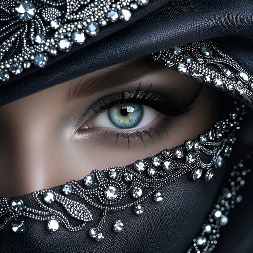 A close-up portrait focuses on a woman's captivating eye, partially veiled by an ornate black headscarf adorned with shimmering silver jewels. The focus is sharply on the eye, drawing attention to its striking green color and long lashes. The art style is highly detailed and realistic, emphasizing texture and light play within the fabric.