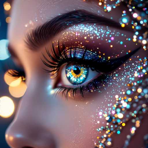 A close-up portrait showcases a woman's captivating eye, adorned with vibrant glitter and dramatic makeup. The focus is on the eye's intricate details, with a soft, dreamy lighting emphasizing the sparkling embellishments. The art style is digital and highly detailed, creating a fantastical and glamorous effect.