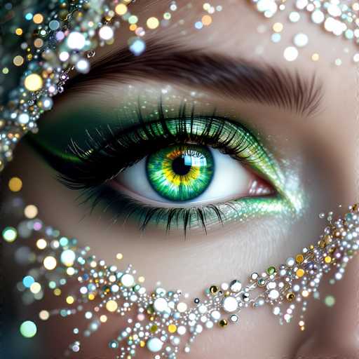 A close-up, digitally enhanced portrait focuses on a strikingly green eye adorned with shimmering glitter. The eye is centrally positioned, framed by a cascade of sparkling embellishments that partially obscure the face. The art style is highly stylized, emphasizing glamour and fantasy with its vibrant colors and focus on the eye's captivating detail.