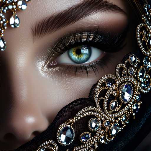 A close-up portrait showcases a woman's captivating eye, adorned with intricate gold and jewel-encrusted eyewear. The focus is on the dramatic, heavily made-up eye, with a black veil partially obscuring the rest of her face. The art style is highly detailed and glamorous, emphasizing luxurious textures and a soft, dramatic lighting.