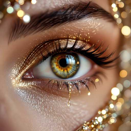 The image shows a close-up view of an eye with gold glittery makeup applied around it. The eye is the main focus and is surrounded by a layer of gold glitter that adds a shimmering effect to the scene.