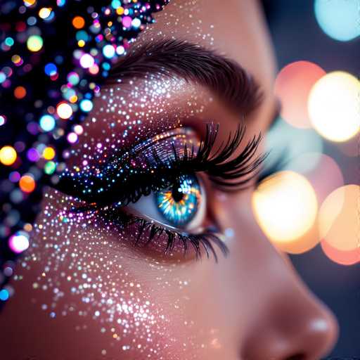 A close-up showcases a woman's eye adorned with vibrant, sparkling makeup. Glittering eyeshadow and shimmering highlights cascade around her eye, emphasizing the striking blue iris. The focus is on the intricate details of the makeup application and the soft, blurred bokeh lights in the background create a dreamy, glamorous aesthetic.