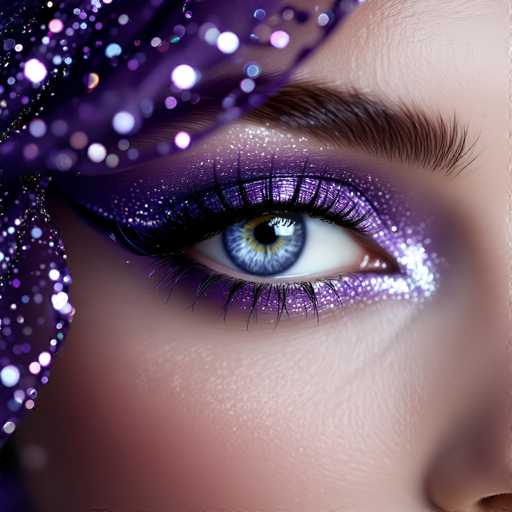 A close-up showcases a strikingly beautiful eye with vibrant purple glitter makeup, accentuated by dramatic lashes and a sparkling purple headpiece. The focus is on the eye's captivating blue iris, set against a soft, blurred background emphasizing the intricate details and luxurious texture of the makeup. The art style is highly detailed and glamorous, likely digital painting or photorealistic rendering.