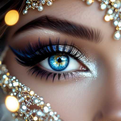 A captivating close-up showcases a strikingly blue eye adorned with shimmering makeup and sparkling embellishments, emphasizing its intense gaze. The focus is on the eye's intricate details, with a soft, glamorous art style highlighting the delicate interplay of light and texture.
