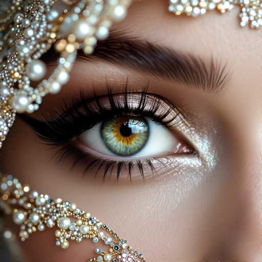 A close-up, high-angle studio shot of a woman's eye adorned with intricate gold and pearl jewelry. The focus is sharply on the eye, highlighting its vibrant green iris and dark eyelashes. The jewelry frames the eye in a delicate pattern of gold and white pearls, with some strands extending beyond the eye's edge. The background is softly blurred, drawing all attention to the detailed beauty of the eye and jewelry.