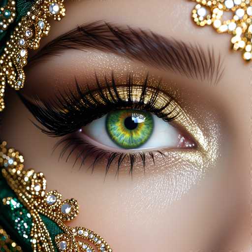 A close-up showcases a strikingly detailed eye, adorned with shimmering gold eyeshadow and dramatic black lashes. A jeweled, emerald-green headpiece frames the eye, creating a luxurious and glamorous effect. The focus is intensely on the eye's captivating green iris, highlighting a high-fashion, artistic style.