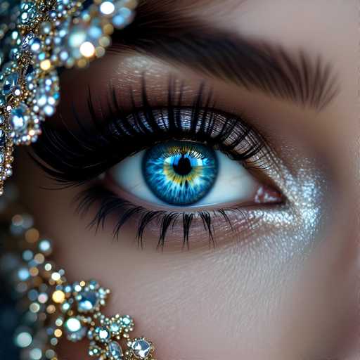 A close-up, highly detailed portrait of a single eye with striking blue irises. The eye is adorned with an elaborate, sparkling jeweled frame, primarily featuring silver and gold gemstones in various shapes. The eyelashes are long, dark, and curled, enhancing the eye's intensity. The skin around the eye is subtly highlighted with a soft glow, and the overall lighting creates a dramatic, almost ethereal effect. The focus is sharp on the eye, with the jeweled frame slightly blurred to draw attention to the central point of interest. The image has a luxurious, fantasy-inspired aesthetic.