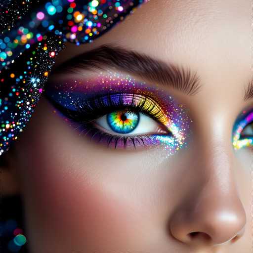 A close-up showcases a woman's captivating eye makeup, featuring vibrant, iridescent eyeshadow in shades of purple, blue, and gold. Glittering accents adorn the eye, creating a dazzling effect. The model's eyes are strikingly blue with a colorful, star-like iris. A sparkly headscarf frames the face, emphasizing the focus on the eye makeup in a highly detailed, digital art style.