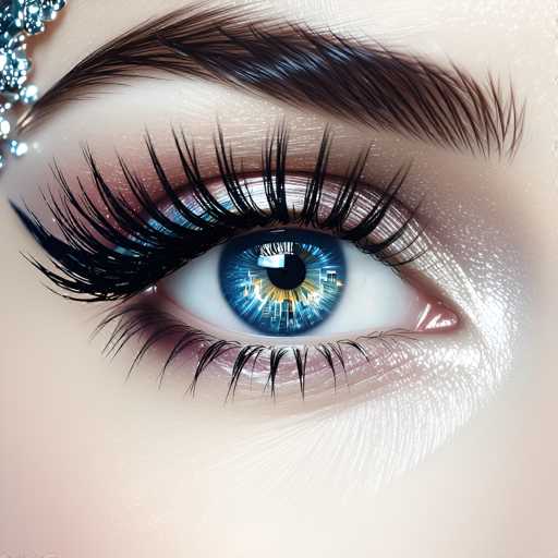 A close-up, digitally rendered eye showcases a vibrant blue iris with a futuristic, glowing cityscape design. Long, dark eyelashes frame the eye, and a sparkling, abstract embellishment adorns the upper eyelid. The art style is highly detailed and fantastical, emphasizing a blend of organic and technological elements.