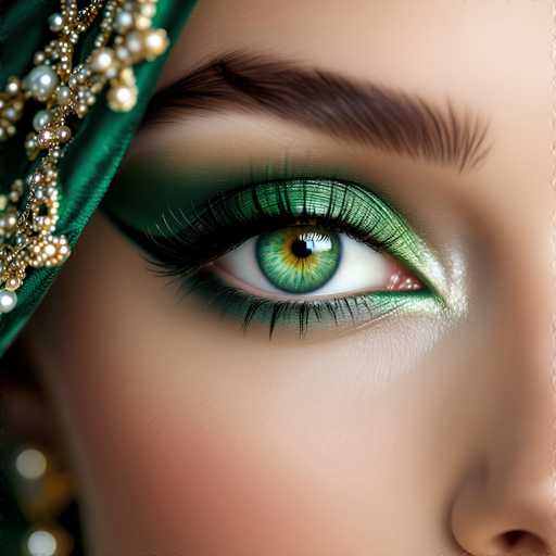 A close-up showcases a strikingly beautiful eye adorned with vibrant green eyeshadow, accentuated by delicate gold and pearl detailing on a green headscarf. The eye's iris is a captivating mix of green and gold, drawing focus to the intricate makeup. The image employs a soft, detailed art style emphasizing texture and light.
