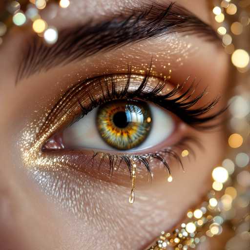 A close-up, highly detailed portrait of a woman's eye with golden makeup and a single tear. The eye is the focal point, showcasing its vibrant amber iris and dark pupil. The makeup is heavily embellished with shimmering gold glitter, extending from the eyelid to the brow bone and cheekbone. Long, dark eyelashes are adorned with golden glitter as well. A single tear glistens on the lower lash line, reflecting the surrounding gold bokeh lights. The background is softly blurred, emphasizing the eye's intensity and creating a dreamy, glamorous atmosphere.