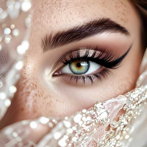 The image shows a close-up view of a person's eye with long, dark brown eyelashes and green eyes. The background is blurred, but it appears to be a white lace or sheer fabric.