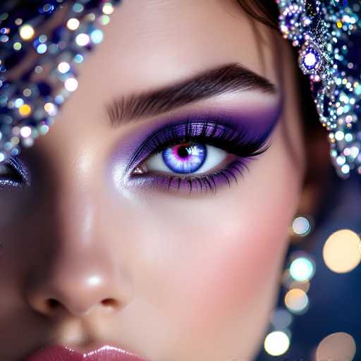 A close-up portrait showcases a woman's captivating eye, adorned with vibrant purple eyeshadow and dramatic lashes. A sparkling, jeweled headpiece frames her face, creating a glamorous, close-up aesthetic with soft bokeh lights in the background. The focus is intensely on her eye, highlighting a dreamy, fantastical beauty.
