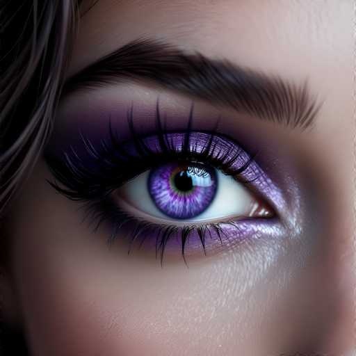 A close-up showcases a single, intensely detailed eye with a vibrant purple eyeshadow and dramatic black lashes. The focus is sharply on the eye, drawing attention to its captivating color and texture. Soft, blurred skin tones create a shallow depth of field, emphasizing the eye's prominence in this artistic portrait. The style is highly realistic and digitally rendered.