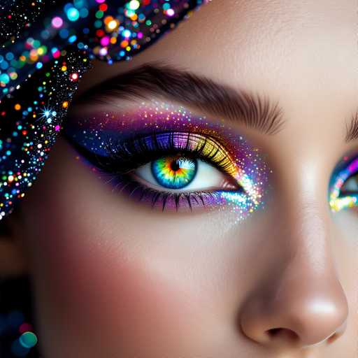 The image shows a close-up view of a person's face with their eyes open and looking directly at the camera. The eye makeup is colorful and vibrant, featuring shades of blue, purple, green, pink, and orange. The background appears to be a starry night sky, adding an ethereal quality to the overall composition.