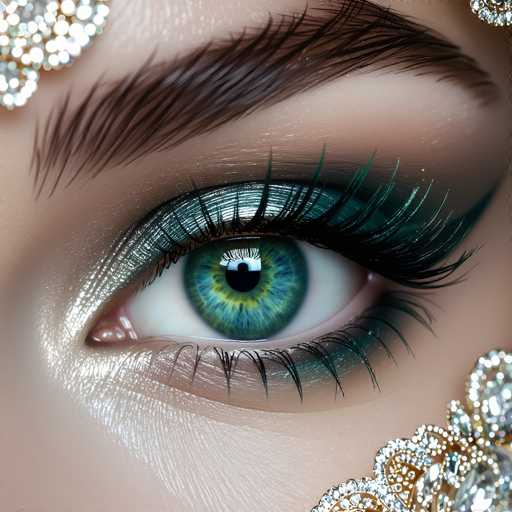 A close-up showcases a strikingly beautiful eye with intensely green, jewel-toned eyeshadow and dramatic black lashes. The eye is the focal point, framed by a shimmering, ornate embellishment of crystals and gold. Soft lighting highlights the detailed texture of the skin and the intricate makeup, creating a glamorous, high-fashion aesthetic.