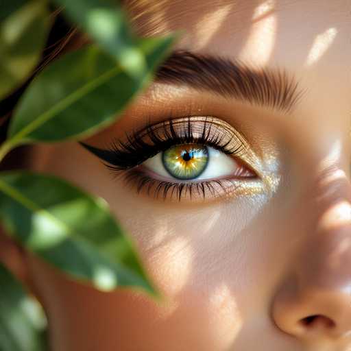 The image shows a close-up view of a person's face with their eye and cheek visible. The person has long brown hair and is wearing makeup that includes eyeliner and mascara. The background features green leaves from a plant, adding an interesting contrast to the main subject.