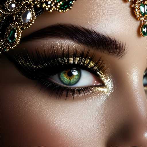 A close-up showcases a strikingly beautiful eye adorned with intricate gold and emerald makeup, emphasizing dramatic, glittery eyeshadow and voluminous lashes. The focus is on the eye's captivating green iris, set against a textured, subtly detailed skin. The art style is highly detailed and realistic, with soft lighting highlighting the opulent beauty.