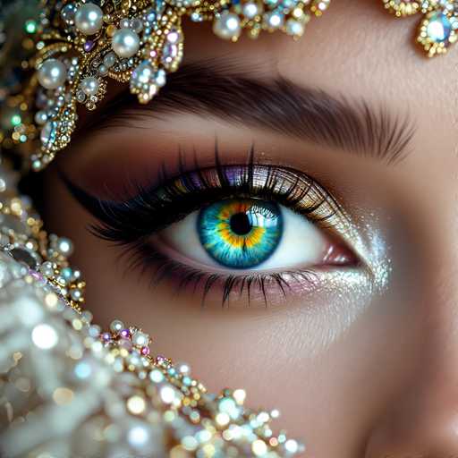 A close-up, highly detailed portrait focuses on a single, strikingly vibrant eye adorned with intricate gold and jewel-toned makeup. The eye is framed by a luxurious, sparkling headpiece, creating a sense of opulent beauty and drawing the viewer's attention to the captivating gaze. The art style is digital painting, emphasizing soft lighting and intricate textures.