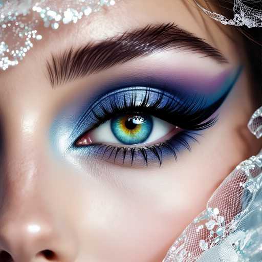 The image shows a close-up view of a person's face with blue eyes and long eyelashes. The eye makeup is striking, featuring a combination of blue and purple shades that create a dramatic effect. The person has dark brown hair styled in an updo, which complements the overall look.