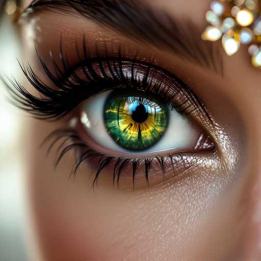 The image shows a close-up view of an eye with striking green and yellow hues. The iris is a vibrant shade of green, while the pupil is a bright yellow. The eyelashes are black in color. The background appears to be blurred, suggesting that it could be a room or a window.