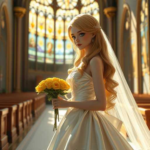 A woman is standing in front of a large stained glass window with her hair styled in an elegant updo and wearing a white wedding dress. She holds a bouquet of yellow roses in her hands. The setting appears to be a church or cathedral, as indicated by the wooden pews visible behind the woman.