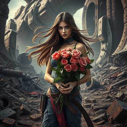 A stunning android warrior with flowing brown hair stands amidst a desolate, ruined landscape. She holds a vibrant bouquet of roses, her gaze intense and determined. The scene is bathed in dramatic lighting, emphasizing the sharp focus on her while the background details are blurred. The art style is hyper-realistic, conveying a sense of fierce resilience in a post-apocalyptic setting.