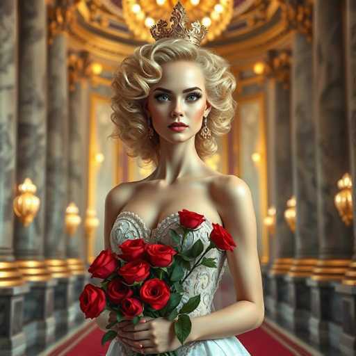 A beautiful blonde woman with curly hair is standing in a grand room adorned with gold and marble columns. She is wearing a white dress that contrasts with the opulent surroundings. The woman holds a bouquet of red roses in her hands.