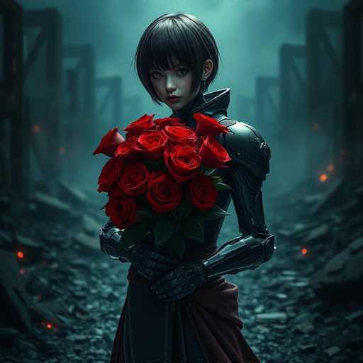 A woman dressed as a robot stands in front of a pile of rubble and debris on a rocky path. She is holding a bouquet of red roses.